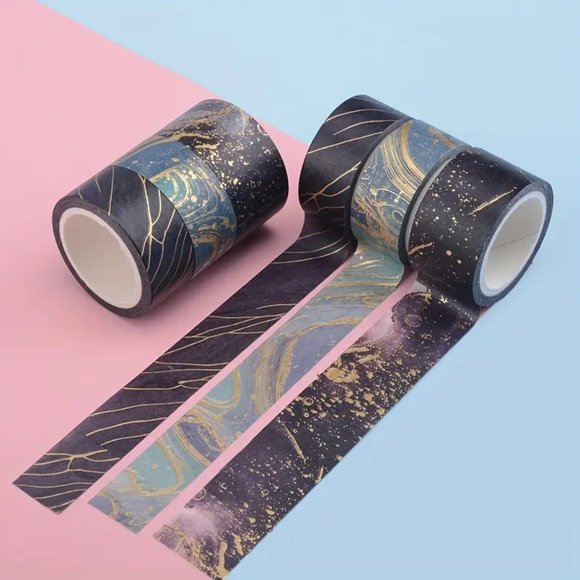 NEW Set of 3 Marble Washi Tape Retro Decorative Tape Masking Tape, Blk/Blu/Gold - Picture 1 of 3